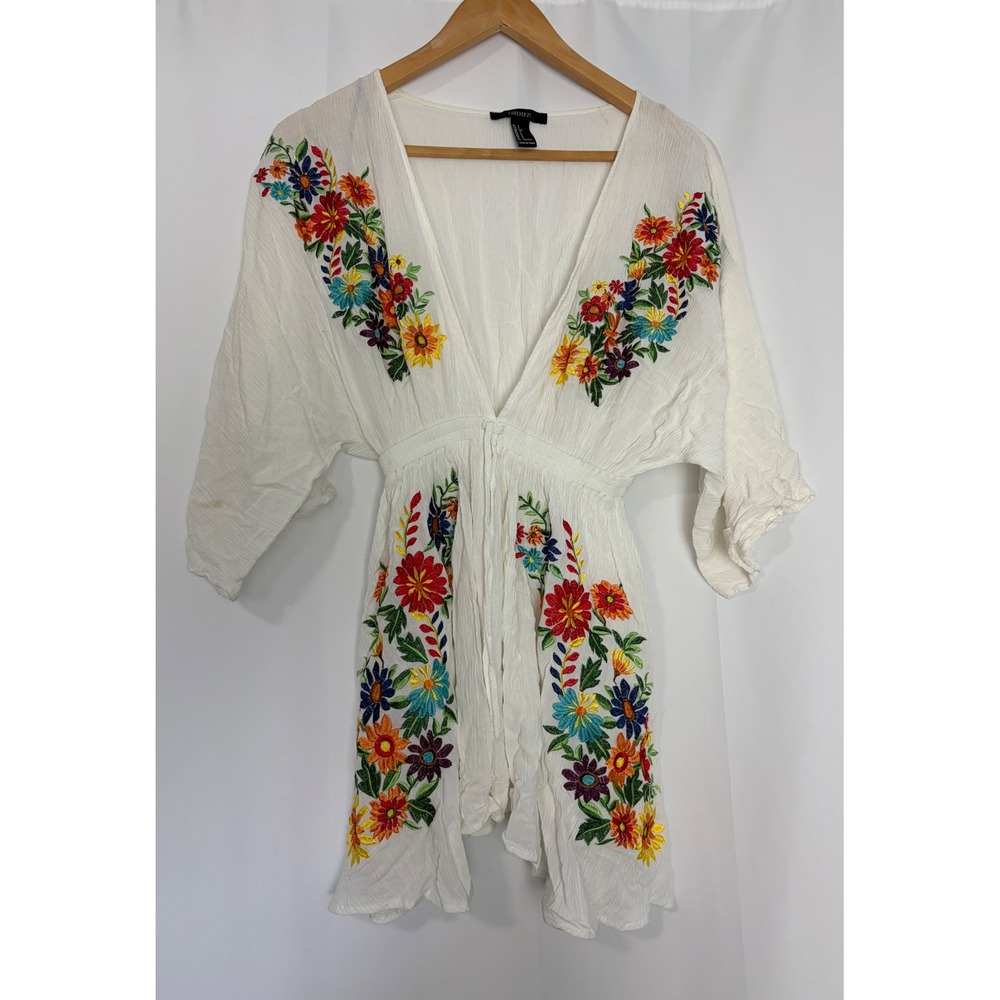 White‎ Floral Embroidered Boho Gauze Mini Dress Kimono Sleeve Small Vibrant